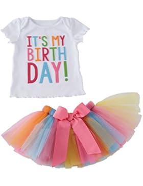 Puseky Geburtstags-Outfit für Kleinkinder/Babys, für Mädchen, T-Shirt + regenbogenfarbiges Tutu