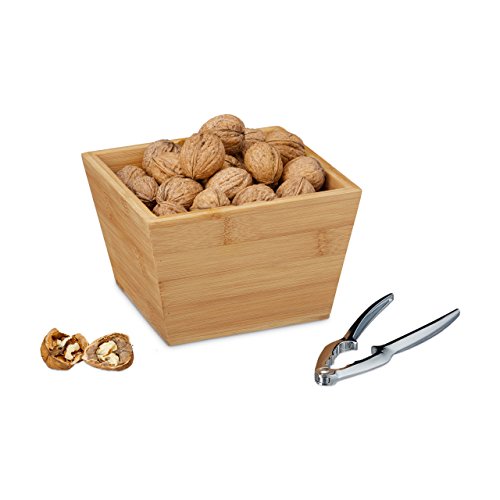 Relaxdays Nussschale mit Nussknacker, Bambus, eckig, Zange, 2-teiliges Set, H x B x T: ca. 10,5 x 16,5 x 16,5 cm, natur