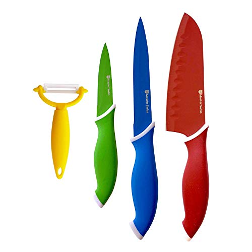 Master Swiss Colorful 5 Piece Stainless Steel Knife Set with Ceramic Peeler and Cutting Board, Kitchen Utility Knife for Home Kitchen and Picnic - 5 and 3.5 Inch