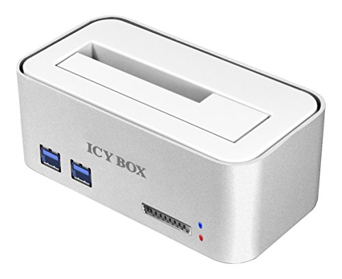 Icy Box IB-111HCr-U3 USB 3.0 Dockingstation für 2,5" (6,35 cm) und 3,5" (8,9 cm) SATA HDD/SSD mit 2-fach USB 3.0 Hub und SD-Kartenleser silber/weiß