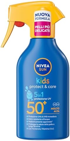 NIVEA SUN Kids Maxi Spray Protect & Care SPF 50+ 270 ml, Crema solare 50 bambini 3+ anni, Protezione solare 50 bambini spray extra resistente all'acqua e al sudore con Pantenolo, Vitamina C & E