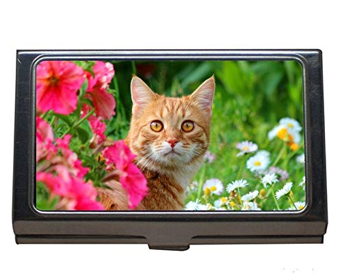 Professional Business Card Holder,Pet Pink Flower Stare White Flower Summer Cat Business Card Case for Men and Women