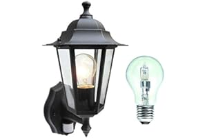 DEPENDABLE TRADING LTD Traditional 6 Sided Garden/Porch Outdoor Coach Wall Lantern IP44 (Black 6 Sided + Motion Sensor + Halogen)