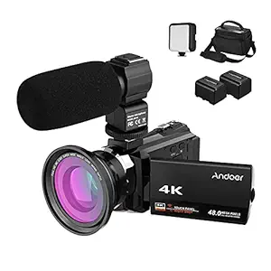 Decdeal 4K Camcorder 1080P 48MP WiFi Digital Video Camera IR Night Sight 16X Digital Zoom with 0.39X Wide Angle Macro Lens + External Microphone + LED Video Light + Camera Bag