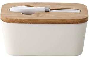 Rummyluck 600ML Beurrier en Céramique avec Coupe-Beurre, Conteneur de Beurre en Porcelaine avec Couvercle en Bambou, Joint en Silicone Amovible, Blanc
