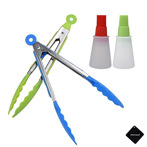 xhorizon TM FM8 2 Stk Edelstahl Lebensmittel Greifzangen + 2 Stk Flaschenbürste Silikonöl Flasche mit Bürste
