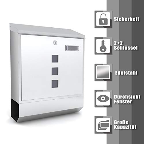 Preisvergleich Produktbild Deswell Briefkasten edelstahl mit Zeitungsfach, Namenschild, Sichtfenster inkl. 4 Schlüssel in Silber Rostfreier Wandbriefkasten Postkasten - 35cm x 10,5cm x 42,5cm