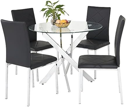 New Chrome Round Circular Glass Dining Table With 4 Faux Black Leather Dining Chairs Set (Black)