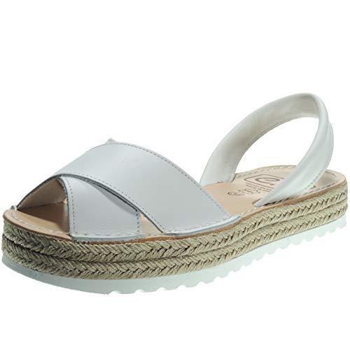 Avarca 8394 Menorquina Piel Cruzada Llana Plataforma Esparto 3Cm Mujer Blanca Talla 39