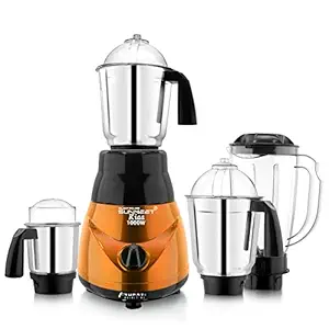 SilentPowerSunmeet New Model Traditional KIAA 1000-Watt Mixer Grinder with 100% Copper Motor with 3 Heavy Aluminium base Steel Jars and 1 ABS Jar(Dry Jar, Chutney Jar, Liquid, Juicer Jar) Orange-BLack
