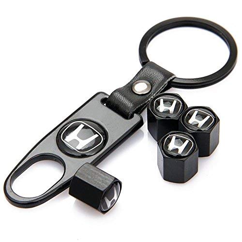 Honda Negro de aleación de coche Rueda Neumático Válvula Tapas antipolvo Llave Llavero - Juego de 4
