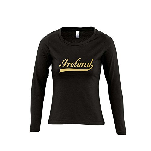 Irland Oldschool Ireland LÄNDERSHIRT EM / WM FAN Trikot – Damen Langarm Longsleeve T-Shirt S-XL , Deep black – gold , M