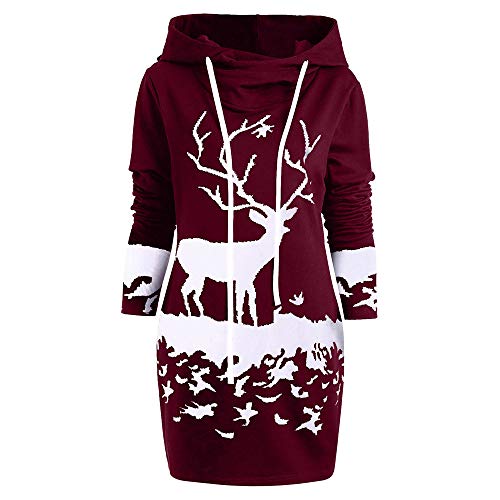 BaZhaHei Sweat-Shirt Robe de Noël Femmes, Mini-Robe à Cordon Capuchon imprimé de Renne de Noël Monochrome Femme(A-vin Rouge,2XL)