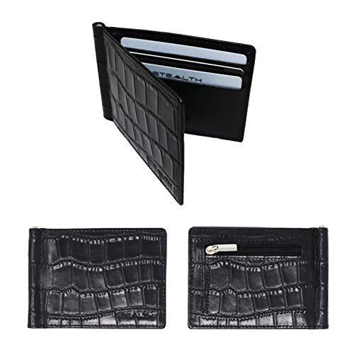 STEALTH Wallet - Portefeuille Mince en Cuir véritable façon Crocodile avec Pince à Billets et Poche à Monnaie Interne - Portefeuilles de avec Protection et Coffret Cadeau (Noir)