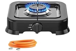 COSHANO Hornillo Cocina de Gas 1 Fogon portatil + Manguera de presion estufa para camping, casa, terraza, jardin.