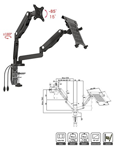 Zolion 2 in 1 Dual Arm LCD Stand Full Motion Desk Mount Easy Adjust Gas Spring for 11-15.6 inch Laptop with Notebook Tray and 19-30 inch Samsung/LG/HP/AOC/Dell/Asus/Acer LCD Computer Monitor ,With Clamp or Grommet Desktop Support Front-Loading Ports for Two USB 3.0 (Dual Arms for Monitor & Laptop)