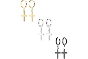 VU100 3 Paia Orecchini Croce Orecchini Uomo Donna Gioielli in acciaio inossidabile con Ciondolo Croce (Nero/Oro/Argento)