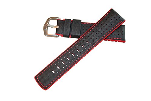 Hirsch Robby sailcloth Wirkung Performance Gummi Uhr Gurt und Schnalle in schwarz /, Rot, 20 mm Hirsch Robby sailcloth Wirkung Performance Gummi Uhr Gurt und Schnalle in schwarz /, Rot, 20 mm