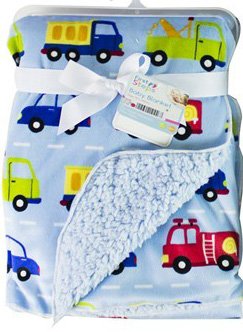 Baby Blanket Soft Colourful Mink Sherpa Lining Printed Design 0months+ 30° Wash - Blue Cars