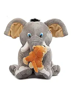 Elephant with Monkey Soft Toy for Kids Girls, Boys Big Size 45 cm Grey Color
