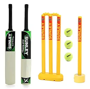 Sunley Just Kidding Popular Willow Cricket Bat with 3 Pc Tennis Ball & 2 Wicket Set for Kids (Size 3, Age 6-8 Years Old Kids)