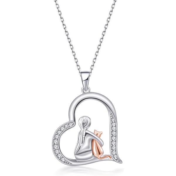 YAFEINI Collana Gatto Con Ciondolo Cuore In Argento 925 - Regalo Idea