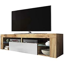 Selsey Hugo Meuble Bas de TV avec rangements, casier à Porte Rabattable et éclairage LED Aspect Bois
