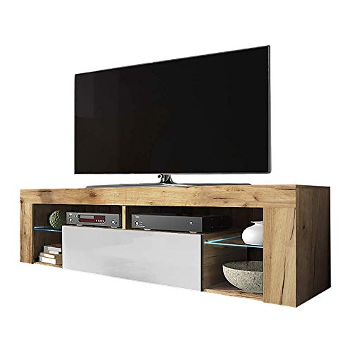 Selsey Hugo Meuble Bas de TV avec rangements, casier à Porte Rabattable et éclairage LED Aspect Bois