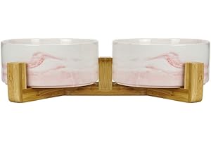 HCHLQLZ Rose marbré Pet Gamelles pour Chien et Chat Gamelles Chien Chat Céramique Support Bambou -Va au Lave-Vaisselle et Facile à Nettoyer (2 Bol)