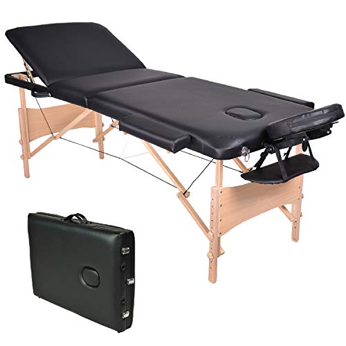 Wellhome Mesa de Masaje de 3 Secciones Madera Camilla Cama Portatil Plegable Ligera Camillas Masajes de Profesional Altura Ajustable Reiki con Reposacabezas, Apoyabrazos, Bolsa de transporte (Negro)