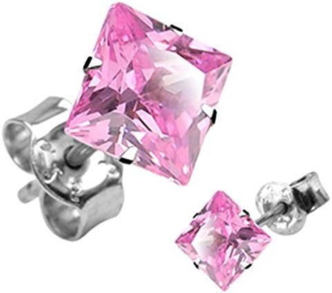 Azzire .925 Sterling Silver Pair of Stud Earrings With 8mm Square Pink Colour Princess Cut Cubic Zirconia