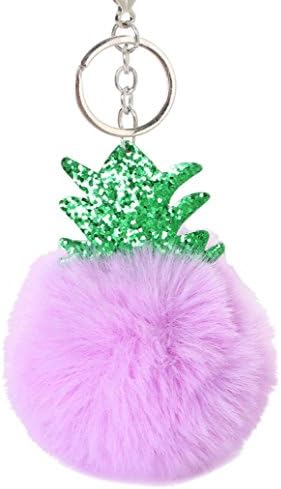 Sansee Fashion Cute Faux Rabbit Fur Ball With Inlay Pearl Rhinestone, PomPom Pineapple Car Pendant Handbag Key Ring Chain Car Decoration Gift 15cm (Purple)