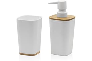 INBAGNO Set Accessori Bagno in Finitura Bianca Opaca con Dettagli in Bamboo, Completo di Dispenser Sapone Liquido e Porta spazzolini