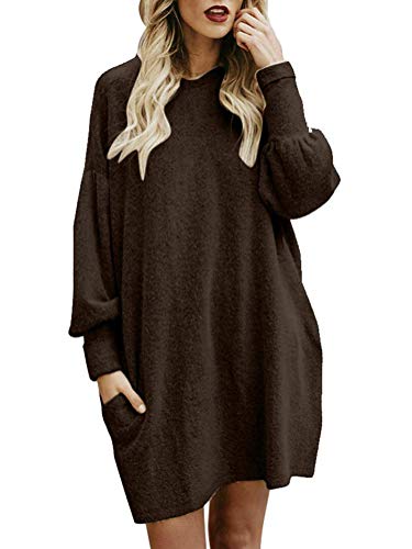 Minetom Femme Robe Pull Elégant Tricot Col Rond Manche Longue Mode Solide en Vrac Hiver Toison Mini Dress Chandail Robe Sweater Tunique Café FR 44