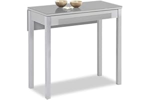 ASTIMESA Mesa de Cocina Extensible 1 ala caida - 80x40 cm (80x60 cm) - Estructura y ala caida Color Aluminio - Tapa Cristal Color Gris