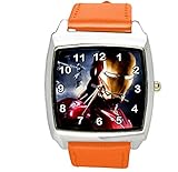 Taport® Iron Man Quarz-Armbanduhr, quadratisch, SCI FI, echtes Lederband, inklusive Ersatzakku und Geschenkbeutel, Orange