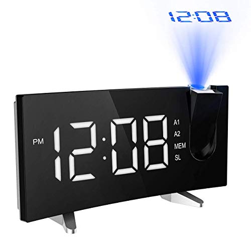 Pictek Radiosveglia con Proiettore Dimmerabile, FM Orologio con Doppi Allarmi, Funzione di Snooze, Sleep Timer, 5'' Display LED con Dimmer, USB Alimentato,12/24 Ora-Bianco