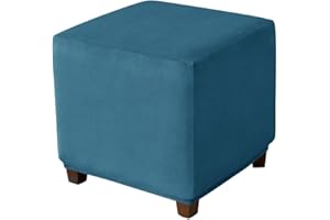 Highdi Velvet Square Ottoman Cover, Rectangle Stretch Footstool Slipcover, Stool Protector Cover with Elastic Bottom, Dustproof Removable Washable Footrest Pouffe Covers (S,peacock blue)