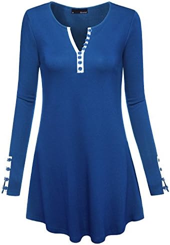 Miurus Womens Henley Tops, Women's Stylish Notch Neck Long Sleeve Pullover Unique Design Blouse For Work Elegant Cotton Tunic Tops 2XL Blue Ladies Tunic Top Dressy