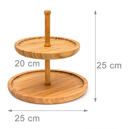 Relaxdays Etagere Bambus H: 25 cm D: 25 cm 2-stöckige Obstetagere aus Holz mit 2 runden Schalen zur Ablage von Gebäck, Kekse, Party-Snacks, Nüsse, Süßigkeiten als Obstteller und Servierplatte, natur - 3