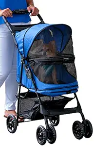 Pet Gear No-Zip Happy Trails Pet Stroller for Cats/Dogs, Zipperless Entry, Easy Fold with Removable Liner, Storage Basket + Cup Holder, Sapphire