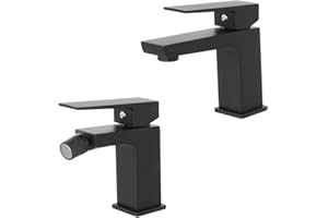 INBAGNO Set miscelatori lavabo e bidet nero opaco, in ottone con piletta di scarico click-clack inclusa, serie KUBO