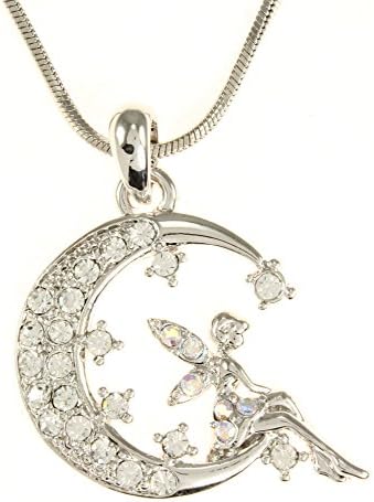 Fairy on Crescent Moon Pendant Necklace - Tarnish Resistant - Stylish Design - Long Lasting Shine