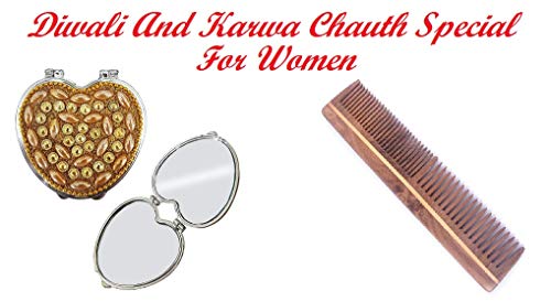 BOXO Home And Salon Use Pearl Heart Shape Compact Mirror, Hand Compact Mirror With Comb For Women And Girls, Karwa Chauth And Diwali Gift Items, 30 Grams, Pack Of 1