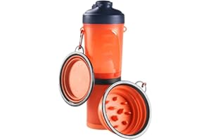 Crea ERCOLE- Borraccia bottiglia portatile per cani e animali domestici a Doppia Camera 2 in 1,con 2 Ciotole Pieghevoli per acqua e cibo,anti soffocamento ad alimentazione lenta (Arancio Slow)