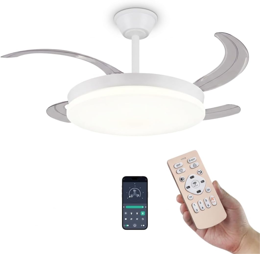 FAN PROJECT Ventilador de Techo Blanco Silencioso con LED - Ventiladores Retractil con Tonos de Luz y Función Verano e Invierno con APP - 30 W Motor DC con 4 Aspas (1)