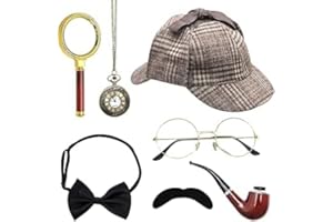 UOCAI 7-częściowy zestaw akcesoriów do kostiumu detektyw, Sherlock Holmes, okulарамi, sztuczne wąsy, lupa, mucha, cosplay, rekwizyty na