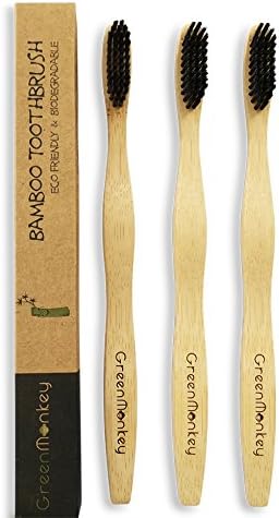 Bamboo Toothbrush - Natural Organic Wooden Eco Friendly 100% Biodegradable Recyclable Tooth Brush Enhancing Natural Teeth Whitening - Medium Activated Charcoal Bristles - Environmentally Friendly