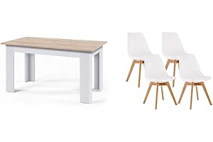 IBERA HOME Pack Mesa de Comedor/Cocina 138x80 cm + 4 Sillas Estilo Nórdico - Conjunto Elegante y Moderno para Hogar (Mesa Cambria/Blanca - Sillas Blancas)
