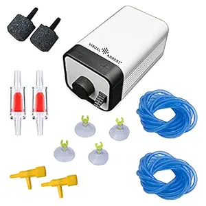 Visual Arrest Aquarium Air Pump Accessories Kit Ultra Silent CT-202 Oxygen Pump with 2 Air Outlets - Air Stones - 2m Blue Silicone Pipe